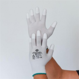 Védőkesztyű, karbonszálas, PU ujjbegy mártott, S méret, fehér-szürke